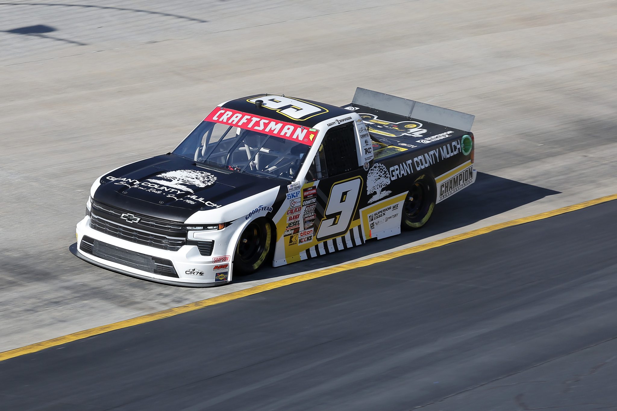 BRISTOL, TENNESSEE - MARCH 16: Grant Enfinger, driver of the #9 Champion Power Equipment Chevrolet, drives during qualifying for the NASCAR Craftsman Truck Series Weather Guard Truck Race at Bristol Motor Speedway on March 16, 2024 in Bristol, Tennessee. (Photo by Jonathan Bachman/Getty Images) | Getty Images