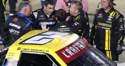 BRISTOL, TENNESSEE - MARCH 16: Stewart Friesen, driver of the #52 Halmar International Toyota, (L) and Nick Sanchez, driver of the #2 Gainbridge Chevrolet, have a heated conversation on the grid after the NASCAR Craftsman Truck Series Weather Guard Truck Race at Bristol Motor Speedway on March 16, 2024 in Bristol, Tennessee. (Photo by Meg Oliphant/Getty Images) | Getty Images