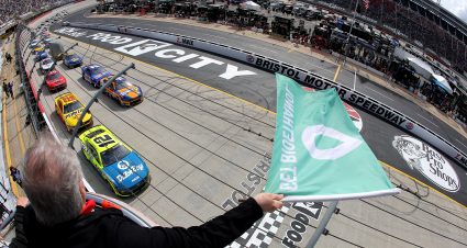 BRISTOL, TENNESSEE - MARCH 17: Ryan Blaney, driver of the #12 Menards/Dutch Boy Ford, leads the field to the green flag to start the NASCAR Cup Series Food City 500 at Bristol Motor Speedway on March 17, 2024 in Bristol, Tennessee. (Photo by Jonathan Bachman/Getty Images) | Getty Images