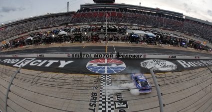 BRISTOL, TENNESSEE - MARCH 17: Denny Hamlin, driver of the #11 Express Oil Change Toyota, celebrates with a burnout after winning the NASCAR Cup Series Food City 500 at Bristol Motor Speedway on March 17, 2024 in Bristol, Tennessee. (Photo by Jonathan Bachman/Getty Images) | Getty Images