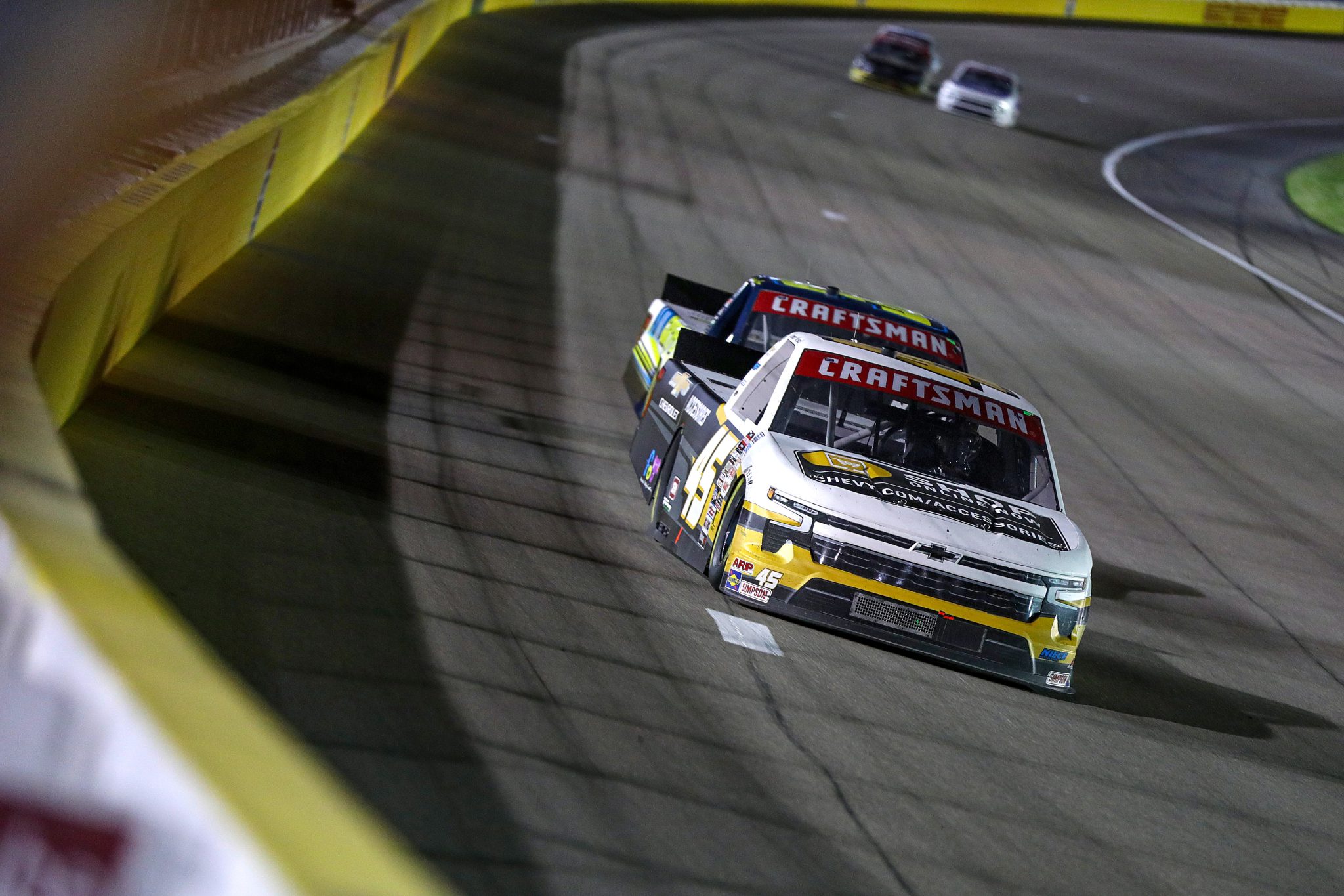 LAS VEGAS, NEVADA - MARCH 01: Connor Mosack, driver of the #45 Chevy Accessories Chevrolet, drives during the NASCAR Craftsman Truck Series Victoria's Voice Foundation 200 at Las Vegas Motor Speedway on March 01, 2024 in Las Vegas, Nevada. (Photo by Meg Oliphant/Getty Images) | Getty Images