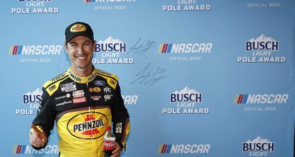 LAS VEGAS, NEVADA - MARCH 02: Joey Logano, driver of the #22 Pennzoil Ford, poses for photos after winning the pole award during qualifying for the NASCAR Cup Series Pennzoil 400 at Las Vegas Motor Speedway on March 02, 2024 in Las Vegas, Nevada. (Photo by Chris Graythen/Getty Images) | Getty Images