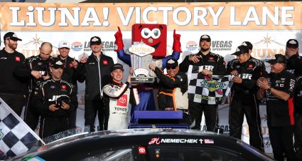 LAS VEGAS, NEVADA - MARCH 02: John Hunter Nemechek, driver of the #20 Safeway/Albertsons Toyota, celebrates in victory lane after winning the NASCAR Xfinity Series The LiUNA! at Las Vegas Motor Speedway on March 02, 2024 in Las Vegas, Nevada. (Photo by Meg Oliphant/Getty Images) | Getty Images