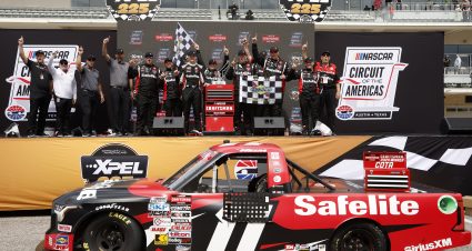 AUSTIN, TEXAS - MARCH 23: Corey Heim, driver of the #11 Safelite Toyota, and crew celebrate in victory lane after winning the NASCAR Craftsman Truck Series XPEL 225 at Circuit of The Americas on March 23, 2024 in Austin, Texas. (Photo by Sean Gardner/Getty Images) | Getty Images