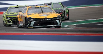AUSTIN, TEXAS - MARCH 24: Christopher Bell, driver of the #20 DEWALT Toyota, William Byron, driver of the #24 RaptorTough.com Chevrolet, and Tyler Reddick, driver of the #45 The Beast Unleashed Toyota, race during the NASCAR Cup Series EchoPark Automotive Grand Prix at Circuit of The Americas on March 24, 2024 in Austin, Texas. (Photo by Jonathan Bachman/Getty Images) | Getty Images