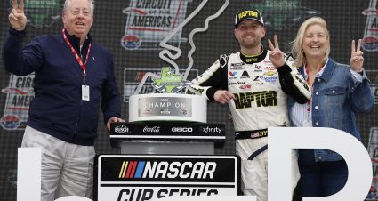 AUSTIN, TEXAS - MARCH 24: William Byron, driver of the #24 RaptorTough.com Chevrolet, celebrates with his mother, Dana Byron and father, Bill Byron in victory lane after winning the NASCAR Cup Series EchoPark Automotive Grand Prix at Circuit of The Americas on March 24, 2024 in Austin, Texas. (Photo by Sean Gardner/Getty Images) | Getty Images