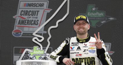 AUSTIN, TEXAS - MARCH 24: William Byron, driver of the #24 RaptorTough.com Chevrolet, celebrates in victory lane after winning the NASCAR Cup Series EchoPark Automotive Grand Prix at Circuit of The Americas on March 24, 2024 in Austin, Texas. (Photo by Sean Gardner/Getty Images) | Getty Images