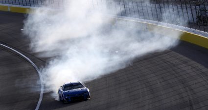 LAS VEGAS, NEVADA - MARCH 03: Kyle Larson, driver of the #5 HendrickCars.com Chevrolet, celebrates with a burnout after winning the NASCAR Cup Series Pennzoil 400 at Las Vegas Motor Speedway on March 03, 2024 in Las Vegas, Nevada. (Photo by Meg Oliphant/Getty Images) | Getty Images