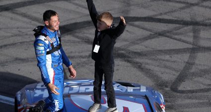 LAS VEGAS, NEVADA - MARCH 03: Kyle Larson, driver of the #5 HendrickCars.com Chevrolet, celebrates with his son, Owen Larson after winning the NASCAR Cup Series Pennzoil 400 at Las Vegas Motor Speedway on March 03, 2024 in Las Vegas, Nevada. (Photo by Meg Oliphant/Getty Images) | Getty Images