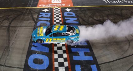RICHMOND, VIRGINIA - MARCH 31: Denny Hamlin, driver of the #11 Mavis Tires & Brakes Toyota, celebrates with a burnout after winning the NASCAR Cup Series Toyota Owners 400 at Richmond Raceway on March 31, 2024 in Richmond, Virginia. (Photo by Alex Slitz/Getty Images) | Getty Images