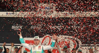 RICHMOND, VIRGINIA - MARCH 31: Denny Hamlin, driver of the #11 Mavis Tires & Brakes Toyota, celebrates in victory lane after winning the NASCAR Cup Series Toyota Owners 400 at Richmond Raceway on March 31, 2024 in Richmond, Virginia. (Photo by Jonathan Bachman/Getty Images) | Getty Images