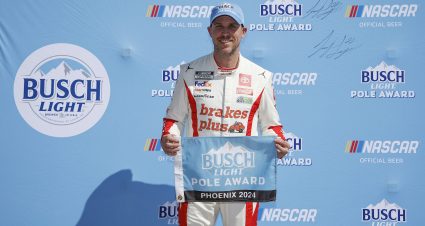 AVONDALE, ARIZONA - MARCH 09: Denny Hamlin, driver of the #11 Mavis Brakes Plus Toyota, poses for photos after winning the pole award during qualifying for the NASCAR Cup Series Shriners Children's 500 at Phoenix Raceway on March 09, 2024 in Avondale, Arizona. (Photo by Chris Graythen/Getty Images) | Getty Images