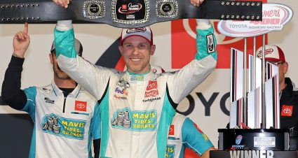 RICHMOND, VIRGINIA - MARCH 31: Denny Hamlin, driver of the #11 Mavis Tires & Brakes Toyota, celebrates in victory lane after winning the NASCAR Cup Series Toyota Owners 400 at Richmond Raceway on March 31, 2024 in Richmond, Virginia. (Photo by Jonathan Bachman/Getty Images) | Getty Images