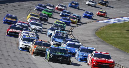 TALLADEGA, ALABAMA - APRIL 22: Sheldon Creed, driver of the #2 Whelen Chevrolet, Parker Retzlaff, driver of the #31 FUNKAWAY Chevrolet, Austin Hill, driver of the #21 Bennett/Realtree Chevrolet, and Anthony Alfredo, driver of the #78 RTIC Chevrolet, race during the NASCAR Xfinity Series Ag-Pro 300 at Talladega Superspeedway on April 22, 2023 in Talladega, Alabama. (Photo by Sean Gardner/Getty Images) | Getty Images