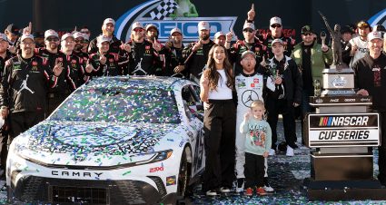 TALLADEGA, ALABAMA - APRIL 21: Tyler Reddick, driver of the #45 Jordan Brand Toyota, celebrates with crew and family in victory lane after winning the NASCAR Cup Series GEICO 500 at Talladega Superspeedway on April 21, 2024 in Talladega, Alabama. (Photo by James Gilbert/Getty Images) | Getty Images