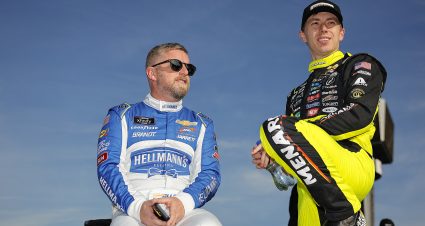 RICHMOND, VIRGINIA - MARCH 30: Justin Allgaier, driver of the #7 DeCA/Hellmann's Chevrolet, (L) and Brandon Jones, driver of the #9 Menards/Nibco Chevrolet, look on during qualifying for the NASCAR Xfinity Series ToyotaCare 250 at Richmond Raceway on March 30, 2024 in Richmond, Virginia. (Photo by Alex Slitz/Getty Images) | Getty Images