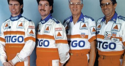 UNKNOWN: (L-R) Eddie and Len Wood pose with their father Glen and uncle Leonard at a NASCAR Cup race. The younger duo helped to continue the 'brother' tradition of the Wood Brothers team. The Woods had a long association with sponsor Citgo from 1987 through 2000, fielding Citgo-sponsored Fords for drivers Kyle Petty, Neil Bonnett, Dale Jarrett, Morgan Shepherd, Michael Waltrip and Elliott Sadler. (Photo by ISC Images and Archives via Getty Images)