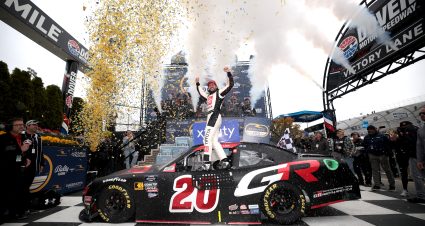DOVER, DELAWARE - APRIL 27: Ryan Truex, driver of the #20 The Toyota Gazoo Racing Toyota, celebrates in victory lane after winning the NASCAR Xfinity Series BetRivers 200 at Dover International Speedway on April 27, 2024 in Dover, Delaware. (Photo by James Gilbert/Getty Images) | Getty Images