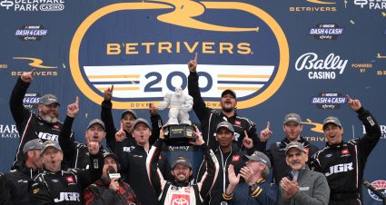 DOVER, DELAWARE - APRIL 27: Ryan Truex, driver of the #20 The Toyota Gazoo Racing Toyota, celebrates in victory lane after winning the NASCAR Xfinity Series BetRivers 200 at Dover International Speedway on April 27, 2024 in Dover, Delaware. (Photo by James Gilbert/Getty Images) | Getty Images