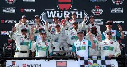 DOVER, DELAWARE - APRIL 28: Denny Hamlin, driver of the #11 Mavis Tire Toyota, and crew celebrate in victory lane after winning the NASCAR Cup Series Würth 400 at Dover International Speedway on April 28, 2024 in Dover, Delaware. (Photo by James Gilbert/Getty Images) | Getty Images