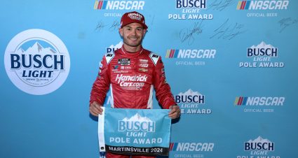 MARTINSVILLE, VIRGINIA - APRIL 06: Kyle Larson, driver of the #5 HendrickCars.com Ruby Chevrolet, poses for photos after winning the pole award during qualifying for the NASCAR Cup Series Cook Out 400 at Martinsville Speedway on April 06, 2024 in Martinsville, Virginia. (Photo by James Gilbert/Getty Images) | Getty Images