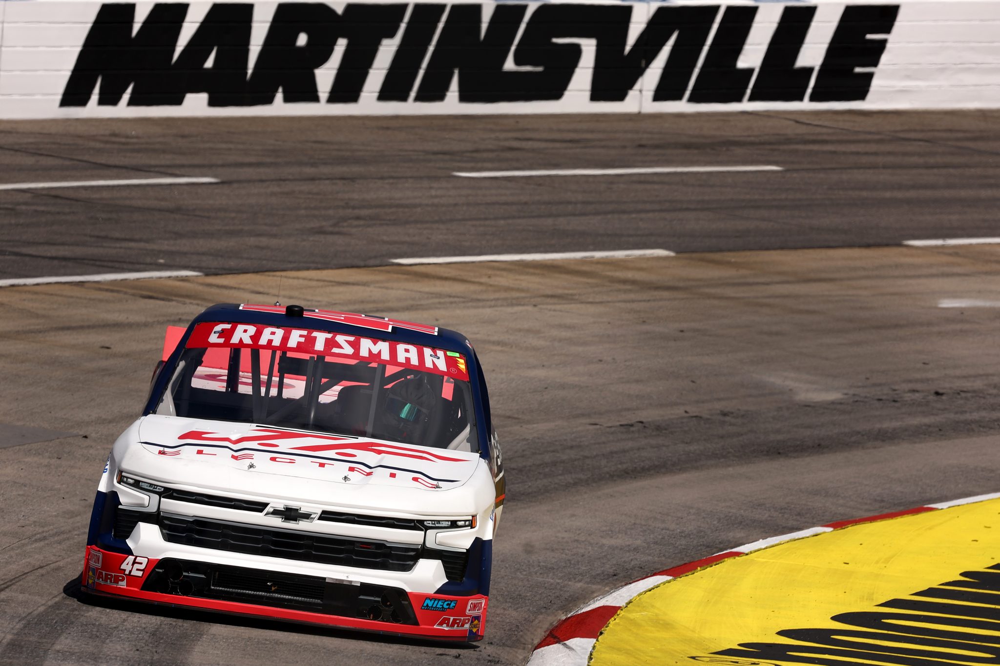 MARTINSVILLE, VIRGINIA - APRIL 05: Matt Mills, driver of the #42 J.F. Electric/Utilitra Chevrolet, drives during practice for the NASCAR Craftsman Long John Silver's 200 at Martinsville Speedway on April 05, 2024 in Martinsville, Virginia. (Photo by Jared C. Tilton/Getty Images) | Getty Images