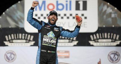 DARLINGTON, SOUTH CAROLINA - MAY 10: Ross Chastain, driver of the #45 Buckle Up South Carolina Chevrolet, celebrates in victory lane after winning the NASCAR Craftsman Truck Series Buckle Up South Carolina 200 at Darlington Raceway on May 10, 2024 in Darlington, South Carolina. (Photo by James Gilbert/Getty Images) | Getty Images