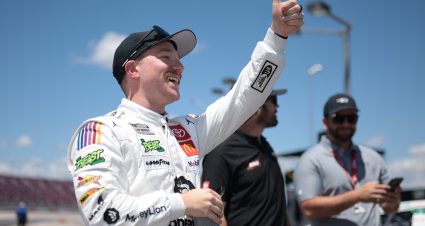 DARLINGTON, SOUTH CAROLINA - MAY 11: Tyler Reddick, driver of the #45 MoneyLion Toyota, gives a thumbs up after winning the pole award during qualifying for the the NASCAR Cup Series Goodyear 400 at Darlington Raceway on May 11, 2024 in Darlington, South Carolina. (Photo by James Gilbert/Getty Images) | Getty Images