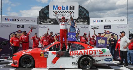 DARLINGTON, SOUTH CAROLINA - MAY 11: Justin Allgaier, driver of the #7 BRANDT Heritage Chevrolet, celebrates in victory lane after winning the NASCAR Xfinity Series Crown Royal Purple Bag Project 200 at Darlington Raceway on May 11, 2024 in Darlington, South Carolina. (Photo by Meg Oliphant/Getty Images) | Getty Images