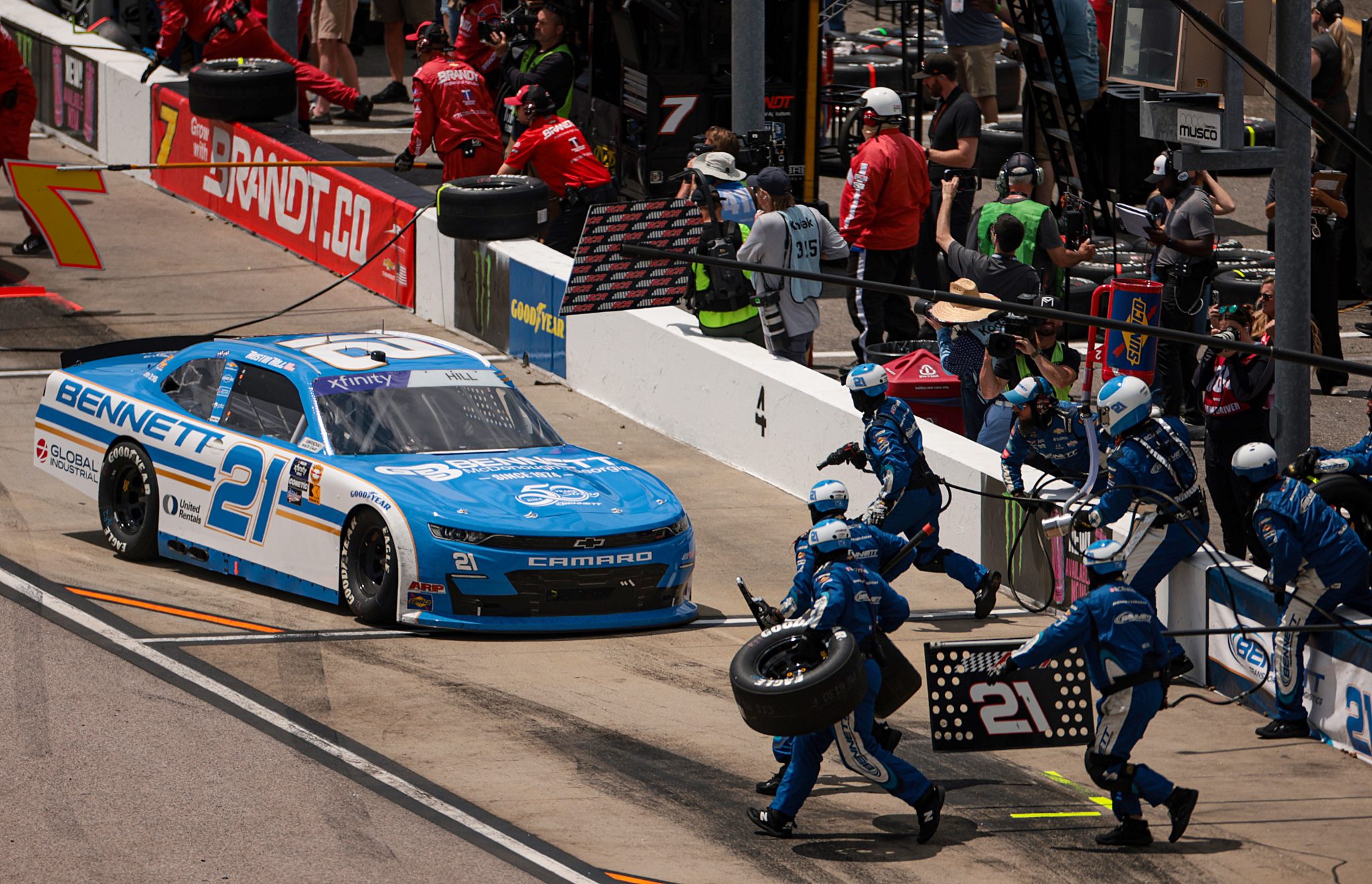 DARLINGTON, SOUTH CAROLINA - MAY 11: Austin Hill, driver of the #21 Bennett Transportation Chevrolet, pits during the NASCAR Xfinity Series Crown Royal Purple Bag Project 200 at Darlington Raceway on May 11, 2024 in Darlington, South Carolina. (Photo by James Gilbert/Getty Images) | Getty Images