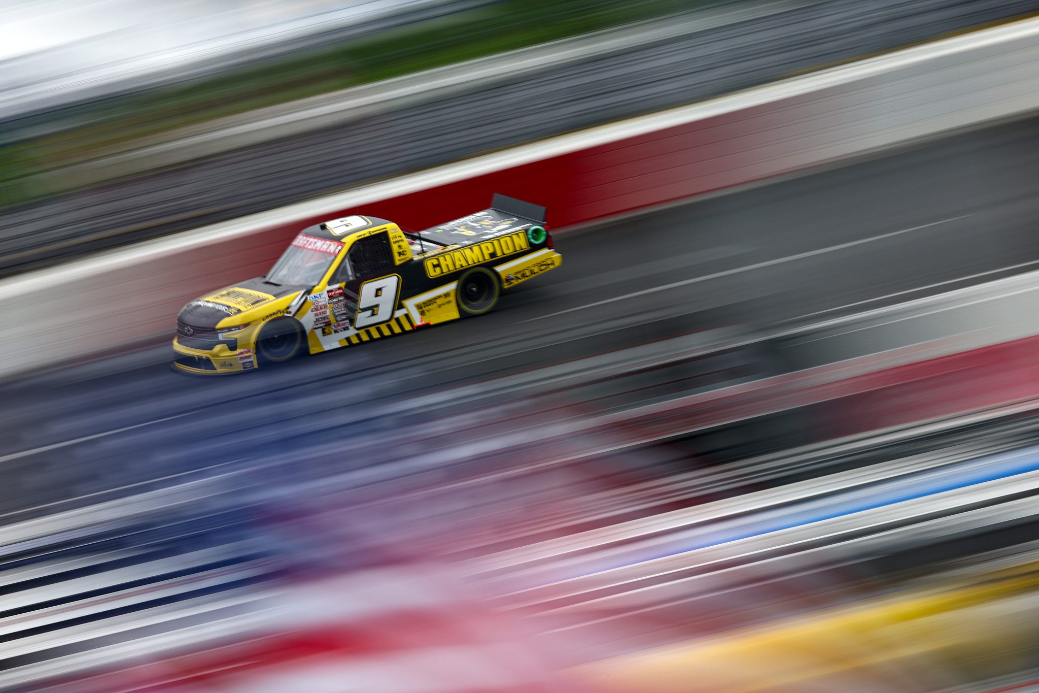 NORTH WILKESBORO, NORTH CAROLINA - MAY 17: Grant Enfinger, driver of the #9 Champion Power Equipment Chevrolet, drives during practice for the NASCAR Craftsman Truck Series Wright Brand 250 at North Wilkesboro Speedway on May 17, 2024 in North Wilkesboro, North Carolina. (Photo by Jared C. Tilton/Getty Images) | Getty Images