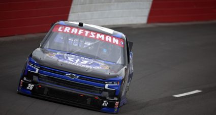 NORTH WILKESBORO, NORTH CAROLINA - MAY 17: Dawson Sutton, driver of the #26 Rackley Roofing Chevrolet, drives during practice for the NASCAR Craftsman Truck Series Wright Brand 250 at North Wilkesboro Speedway on May 17, 2024 in North Wilkesboro, North Carolina. (Photo by Jared C. Tilton/Getty Images) | Getty Images