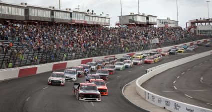 NORTH WILKESBORO, NORTH CAROLINA - MAY 18: Ty Majeski, driver of the #98 Road Ranger Ford, leads the field during the NASCAR Craftsman Truck Series Wright Brand 250 at North Wilkesboro Speedway on May 18, 2024 in North Wilkesboro, North Carolina. (Photo by James Gilbert/Getty Images) | Getty Images