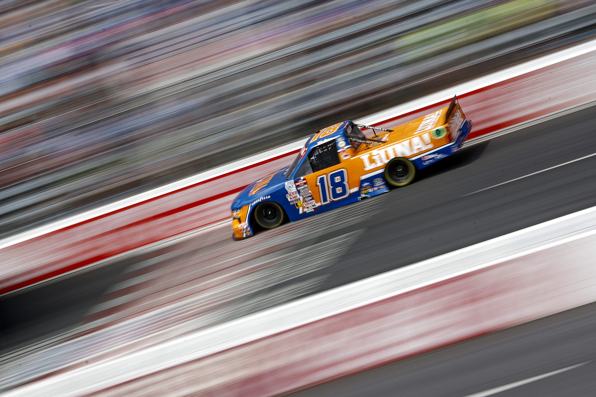 NORTH WILKESBORO, NORTH CAROLINA - MAY 19: Tyler Ankrum, driver of the #18 LiUNA! Chevrolet, drives during the NASCAR Craftsman Truck Series Wright Brand 250 at North Wilkesboro Speedway on May 19, 2024 in North Wilkesboro, North Carolina. (Photo by Sean Gardner/Getty Images) | Getty Images
