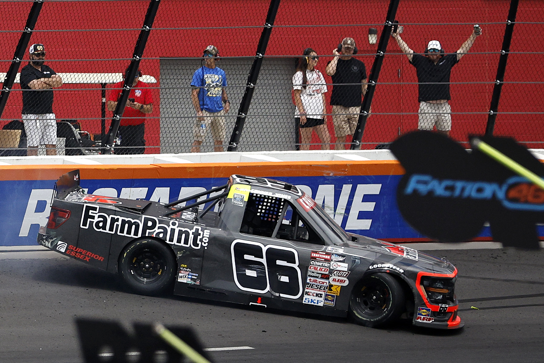 NORTH WILKESBORO, NORTH CAROLINA - MAY 19: Conner Jones, driver of the #66 Farm Paint Ford, spins after an on-track incident during the NASCAR Craftsman Truck Series Wright Brand 250 at North Wilkesboro Speedway on May 19, 2024 in North Wilkesboro, North Carolina. (Photo by Sean Gardner/Getty Images) | Getty Images