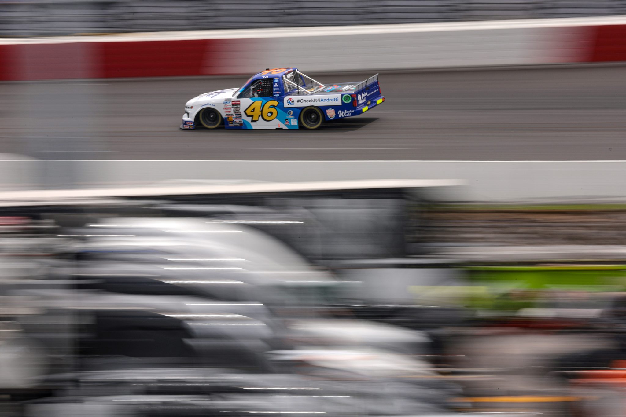 NORTH WILKESBORO, NORTH CAROLINA - MAY 19: Thad Moffitt, driver of the #46 Window World Chevrolet, drives during the NASCAR Craftsman Truck Series Wright Brand 250 at North Wilkesboro Speedway on May 19, 2024 in North Wilkesboro, North Carolina. (Photo by James Gilbert/Getty Images) | Getty Images