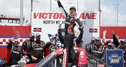 NORTH WILKESBORO, NORTH CAROLINA - MAY 19: Corey Heim, driver of the #11 Safelite Toyota, celebrates in victory lane after winning the NASCAR Craftsman Truck Series Wright Brand 250 at North Wilkesboro Speedway on May 19, 2024 in North Wilkesboro, North Carolina. (Photo by Sean Gardner/Getty Images) | Getty Images