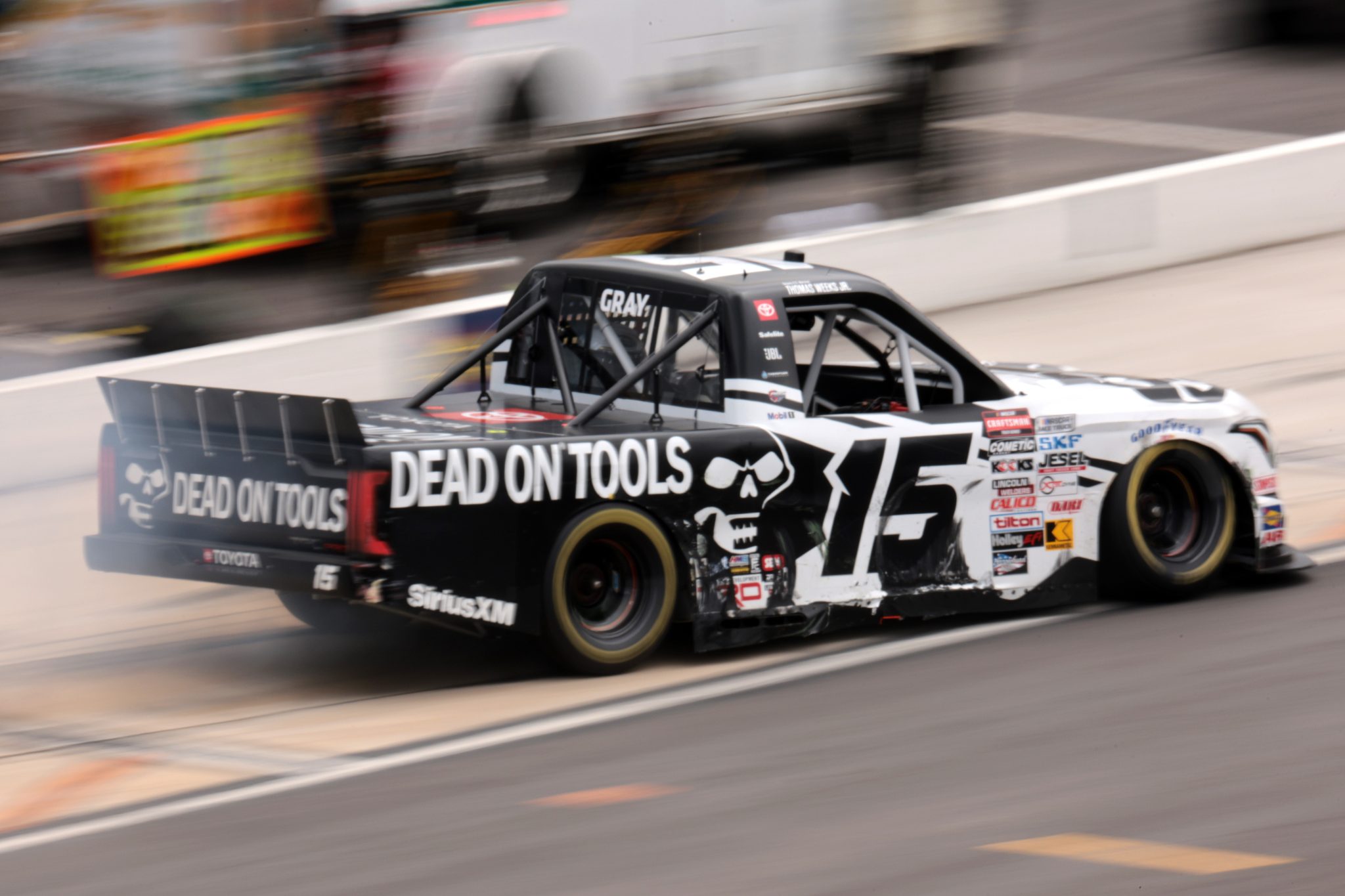 NORTH WILKESBORO, NORTH CAROLINA - MAY 19: Tanner Gray, driver of the #15 Dead On Tools Toyota, enters pit road after an on-track incident during the NASCAR Craftsman Truck Series Wright Brand 250 at North Wilkesboro Speedway on May 19, 2024 in North Wilkesboro, North Carolina. (Photo by James Gilbert/Getty Images) | Getty Images