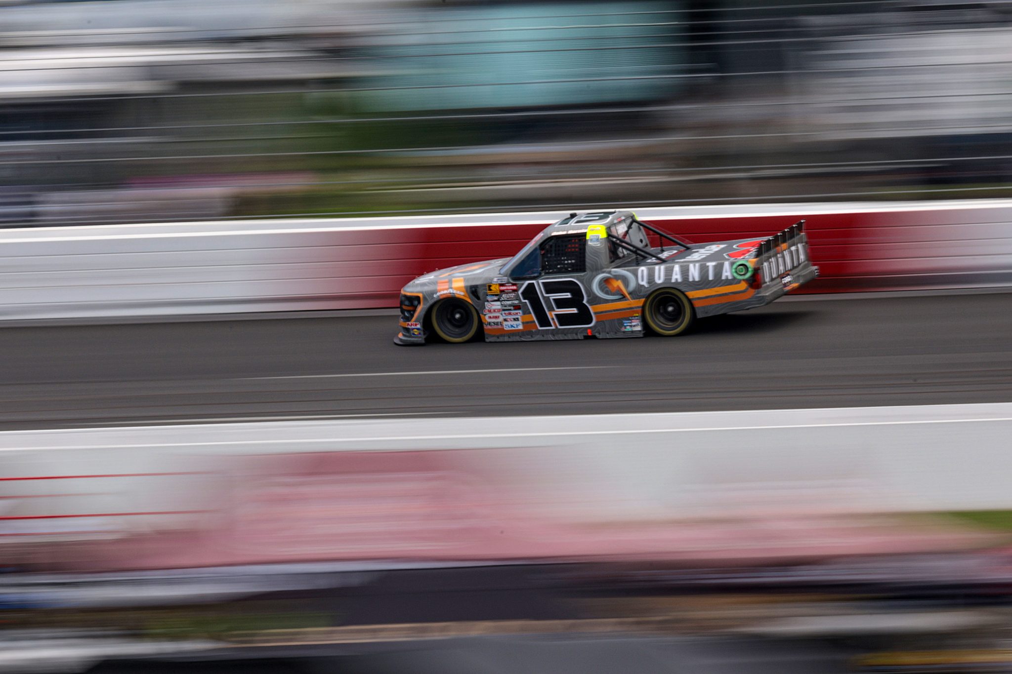 NORTH WILKESBORO, NORTH CAROLINA - MAY 19: Jake Garcia, driver of the #13 Quanta Services Ford, drives during the NASCAR Craftsman Truck Series Wright Brand 250 at North Wilkesboro Speedway on May 19, 2024 in North Wilkesboro, North Carolina. (Photo by James Gilbert/Getty Images) | Getty Images