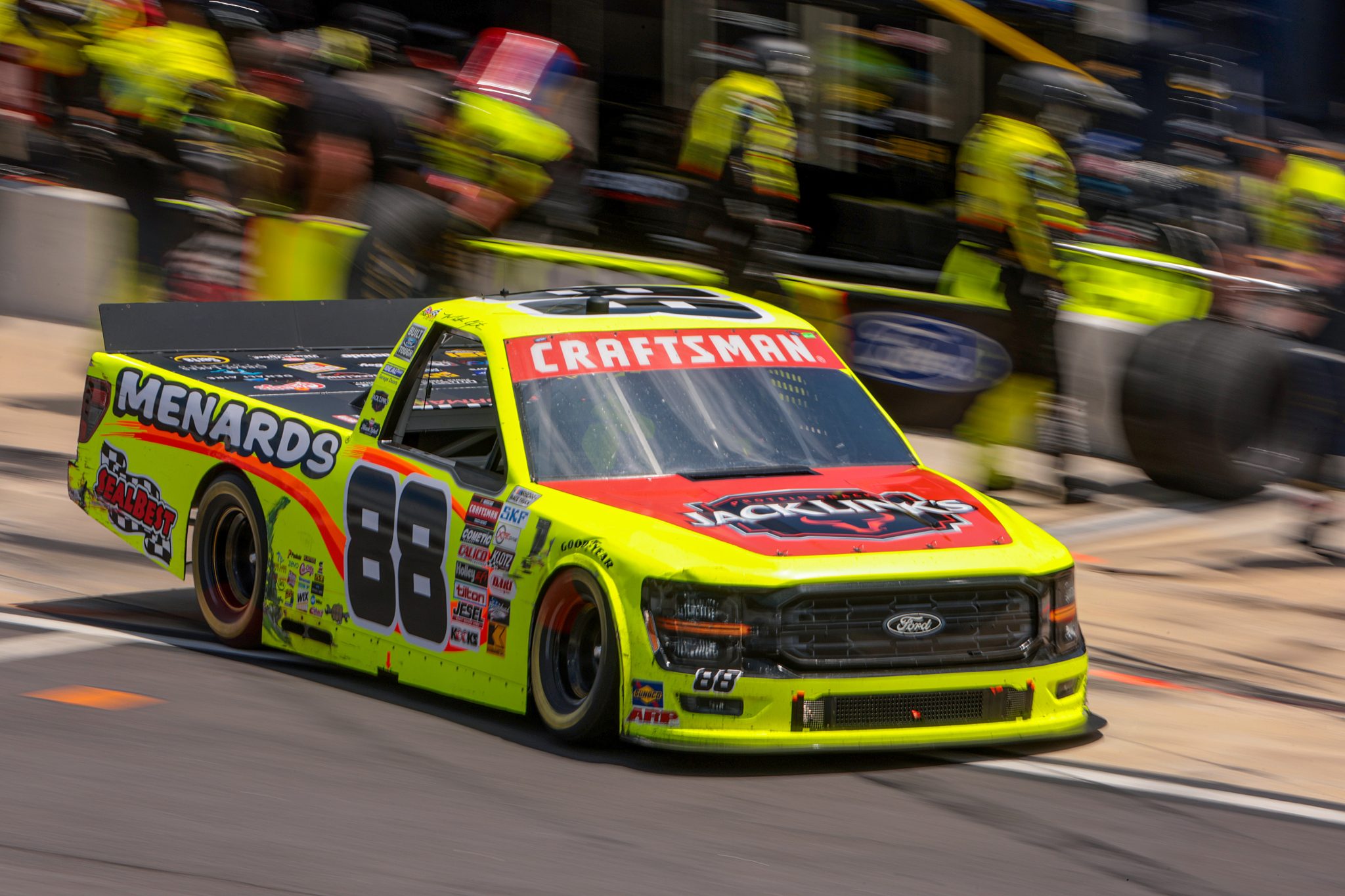 NORTH WILKESBORO, NORTH CAROLINA - MAY 19: Matt Crafton, driver of the #88 Jack Links/Menards Ford, exits pit road during the NASCAR Craftsman Truck Series Wright Brand 250 at North Wilkesboro Speedway on May 19, 2024 in North Wilkesboro, North Carolina. (Photo by James Gilbert/Getty Images) | Getty Images