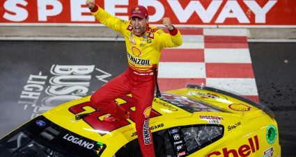 NORTH WILKESBORO, NORTH CAROLINA - MAY 19: Joey Logano, driver of the #22 Shell Pennzoil Ford, celebrates after winning the NASCAR Cup Series All-Star Race at North Wilkesboro Speedway on May 19, 2024 in North Wilkesboro, North Carolina. (Photo by James Gilbert/Getty Images) | Getty Images