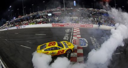NORTH WILKESBORO, NORTH CAROLINA - MAY 19: Joey Logano, driver of the #22 Shell Pennzoil Ford, celebrates with a burnout after winning the NASCAR Cup Series All-Star Race at North Wilkesboro Speedway on May 19, 2024 in North Wilkesboro, North Carolina. (Photo by James Gilbert/Getty Images) | Getty Images