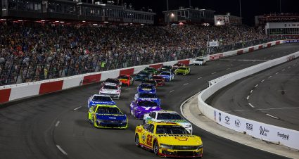NORTH WILKESBORO, NORTH CAROLINA - MAY 19: Joey Logano, driver of the #22 Shell Pennzoil Ford, leads the field during the NASCAR Cup Series All-Star Race at North Wilkesboro Speedway on May 19, 2024 in North Wilkesboro, North Carolina. (Photo by James Gilbert/Getty Images) | Getty Images