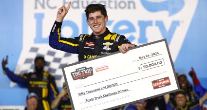CONCORD, NORTH CAROLINA - MAY 24: Nick Sanchez, driver of the #2 Gainbridge Chevrolet, poses with $50,000 check in victory lane after winning the NASCAR Craftsman Truck Series North Carolina Education Lottery 200 at Charlotte Motor Speedway on May 24, 2024 in Concord, North Carolina. (Photo by Jared C. Tilton/Getty Images) | Getty Images