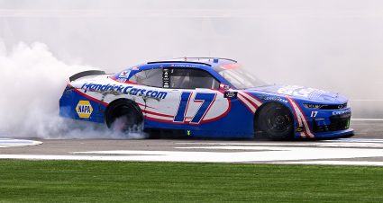 CONCORD, NORTH CAROLINA - MAY 25: Chase Elliott, driver of the #17 HendrickCars.com Chevrolet, celebrates with a burnout after winning the NASCAR Xfinity Series BetMGM 300 at Charlotte Motor Speedway on May 25, 2024 in Concord, North Carolina. (Photo by Logan Riely/Getty Images) | Getty Images
