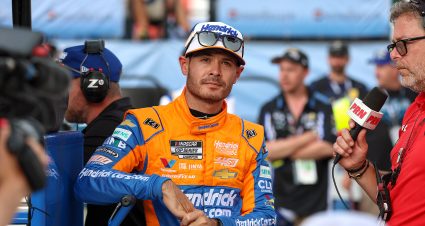 CONCORD, NORTH CAROLINA - MAY 25: Kyle Larson, driver of the #5 HendrickCars.com H1100 Chevrolet, speaks to the media during qualifying for the NASCAR Cup Series Coca-Cola 600 at Charlotte Motor Speedway on May 25, 2024 in Concord, North Carolina. (Photo by David Jensen/Getty Images) | Getty Images