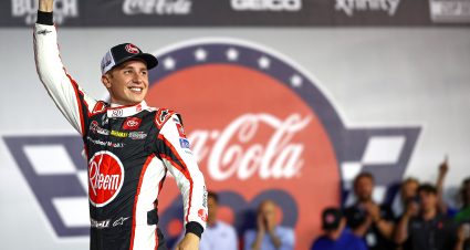 CONCORD, NORTH CAROLINA - MAY 26: Christopher Bell, driver of the #20 Rheem Toyota, celebrates in victory lane after winning a weather-shortened NASCAR Cup Series Coca-Cola 600 at Charlotte Motor Speedway on May 26, 2024 in Concord, North Carolina. (Photo by Jared C. Tilton/Getty Images) | Getty Images