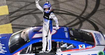 KANSAS CITY, KANSAS - MAY 05: Kyle Larson, driver of the #5 HendrickCars.com Chevrolet, celebrates after winning the NASCAR Cup Series AdventHealth 400 at Kansas Speedway on May 05, 2024 in Kansas City, Kansas. (Photo by Logan Riely/Getty Images) | Getty Images