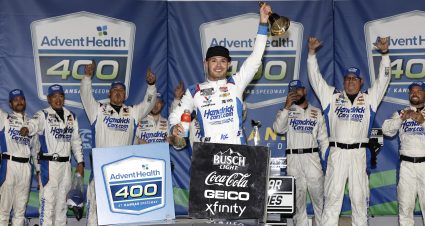 KANSAS CITY, KANSAS - MAY 05: Kyle Larson, driver of the #5 HendrickCars.com Chevrolet, celebrates in victory lane after winning the NASCAR Cup Series AdventHealth 400 at Kansas Speedway on May 05, 2024 in Kansas City, Kansas. (Photo by Sean Gardner/Getty Images) | Getty Images