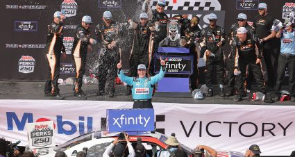 NEWTON, IOWA - JUNE 15: Sam Mayer, driver of the #1 Roto-Rooter Chevrolet, celebrates in victory lane after winning the NASCAR Xfinity Series Hy-Vee Perks 250 at Iowa Speedway on June 15, 2024 in Newton, Iowa. (Photo by Jonathan Bachman/Getty Images) | Getty Images